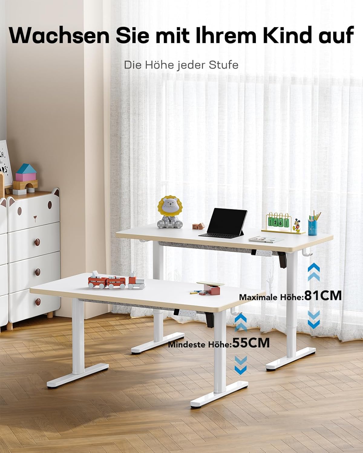 HUANUO Elektrischer Kinderschreibtisch Höhenverstellbar 120 x 60 cm, Höhenverstellbarer Schreibtisch Ganze Tischplatte mit 3 voreingestellten Höhen