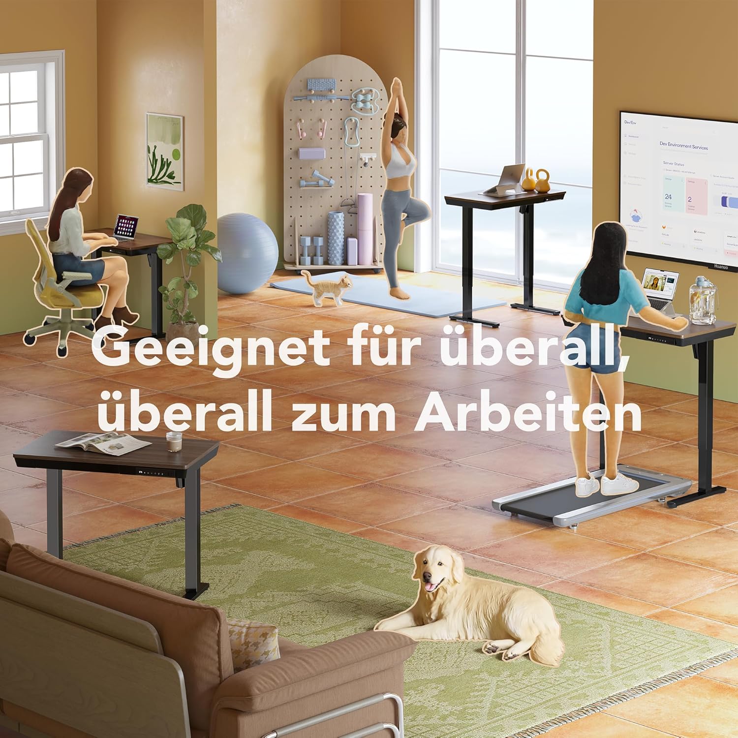 HUANUO 100 x 60 cm Höhenverstellbarer Schreibtisch mit Schublade, Höhenverstellbarer Schreibtisch Ganze Tischplatte, USB-Aufladeanschluss und 3 Memory-Funktion, Walnussholz