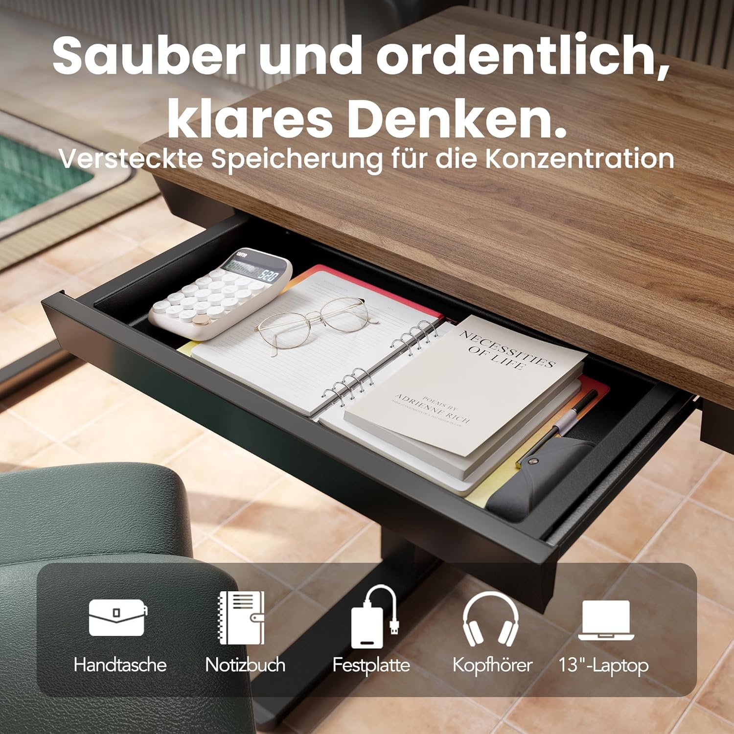 HUANUO 100 x 60 cm Höhenverstellbarer Schreibtisch mit Schublade, Höhenverstellbarer Schreibtisch Ganze Tischplatte, USB-Aufladeanschluss und 3 Memory-Funktion, Walnussholz