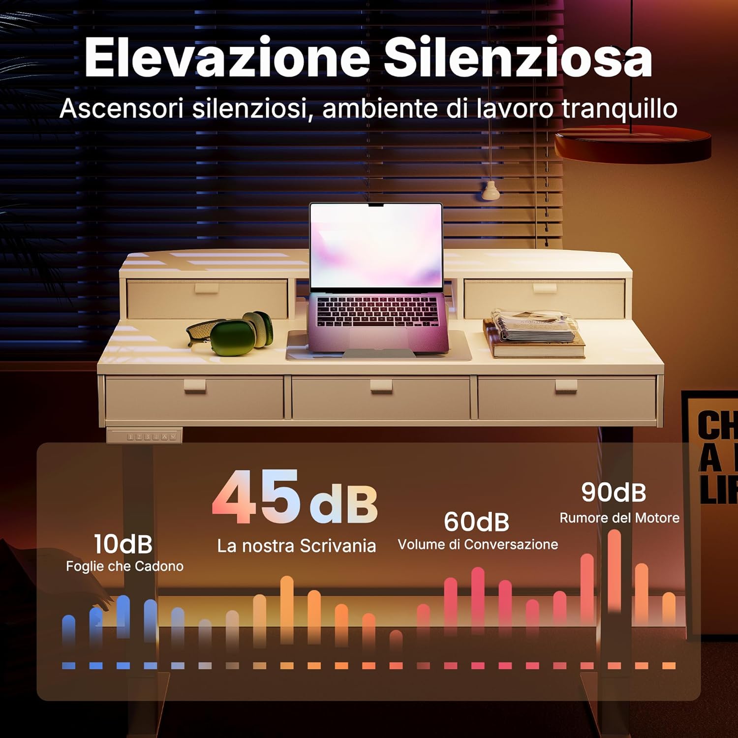 HUANUO 120 x 60 cm Scrivania con Cassetti, Compatibile Supporto a Morsetto a C, Scrivania Regolabile in Altezza, Scrivania Stand Up Ufficio Domestico 4 Altezza