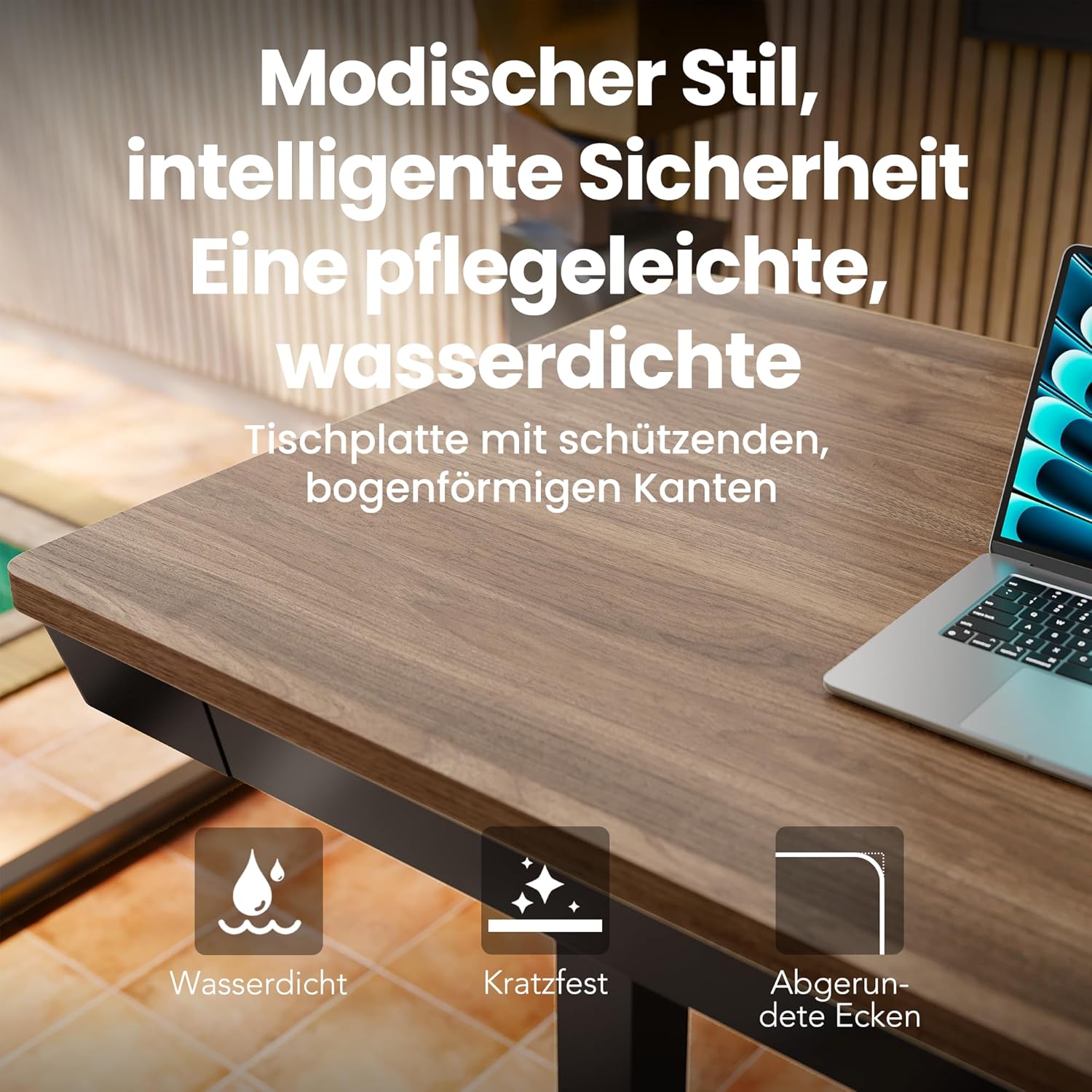 HUANUO 100 x 60 cm Höhenverstellbarer Schreibtisch mit Schublade, Höhenverstellbarer Schreibtisch Ganze Tischplatte, USB-Aufladeanschluss und 3 Memory-Funktion, Walnussholz