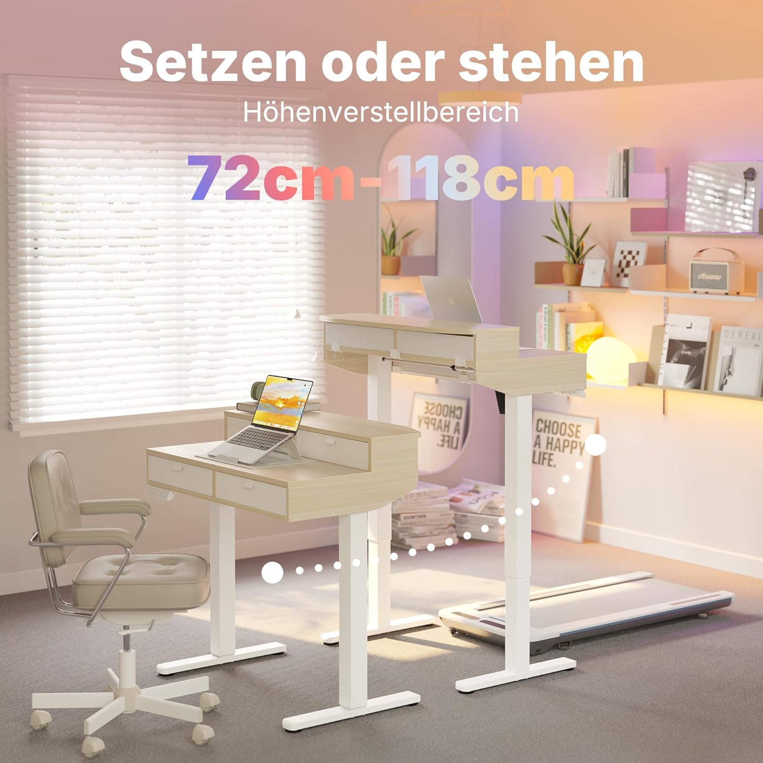 HUANUO 80 x 53 cm Höhenverstellbarer Schreibtisch mit Schubladen, kompatible C-Klemme-Halterung, Schreibtisch Höhenverstellbar mit 4 Gedächtnis-Höheneintellungen