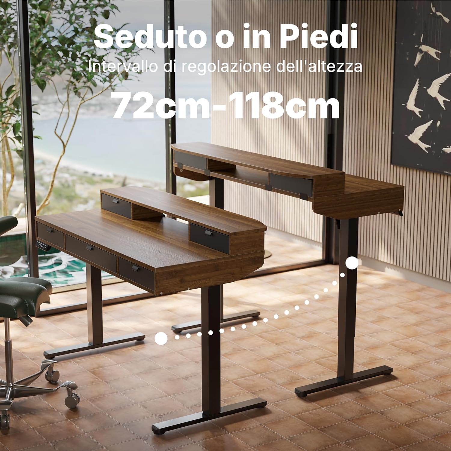 HUANUO 120 x 60 cm Scrivania con Cassetti, Compatibile Supporto a Morsetto a C, Scrivania Regolabile in Altezza, Scrivania Stand Up Ufficio Domestico 4 Altezza