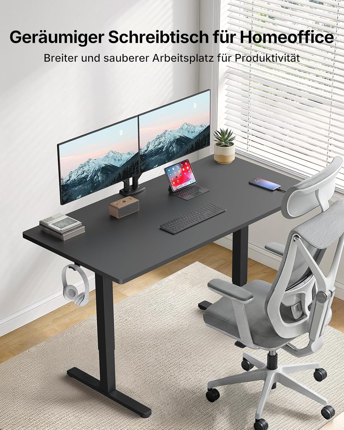 HUANUO Höhenverstellbarer Schreibtisch 120x80cm mit USB-C- & USB-A-Ladeanschluss, Höhenverstellbar von 72-118cm,4 Gedächtnis-Voreinstellungen, Kabelmanagement & Haken