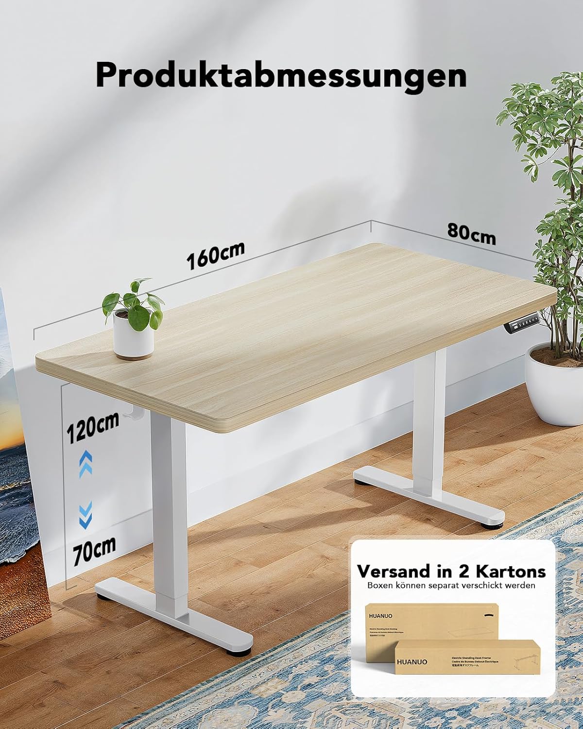 HUANUO Höhenverstellbarer Schreibtisch 160x80cm,25MM Ganze Tischplatte mit Bürstenloser Motor,Ergonomischer Steh-Sitz Tisch Stehpult,Einfache Montage Elektrischer Stehschreibtisch für Homeoffice