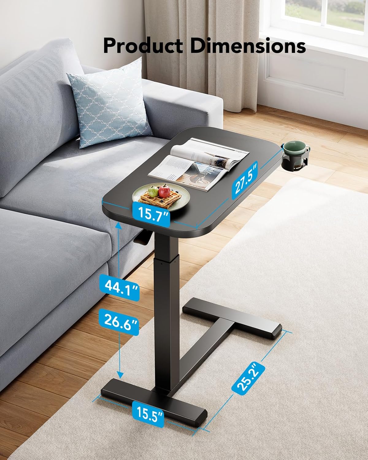 HUANUO 28Inch Bedside Table with Wheels, Height-Adjustable Rolling Computer Cart, Overbed Table with Cup Holder, Pneumatic Laptop Standing Desk for Home Office, Black