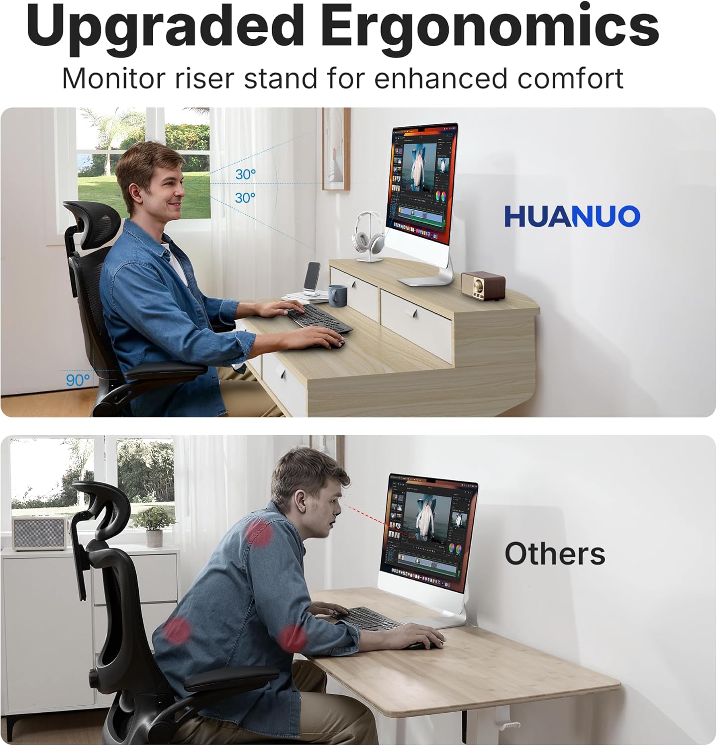 HUANUO 32 x 20 inch Electric Standing Desk with 4 Drawers, Adjustable Height Sit Stand Home Office Desk C-Clamp Mount Compatible, Ergonomic Stand up Desk with 4 Preset Heights, Natural