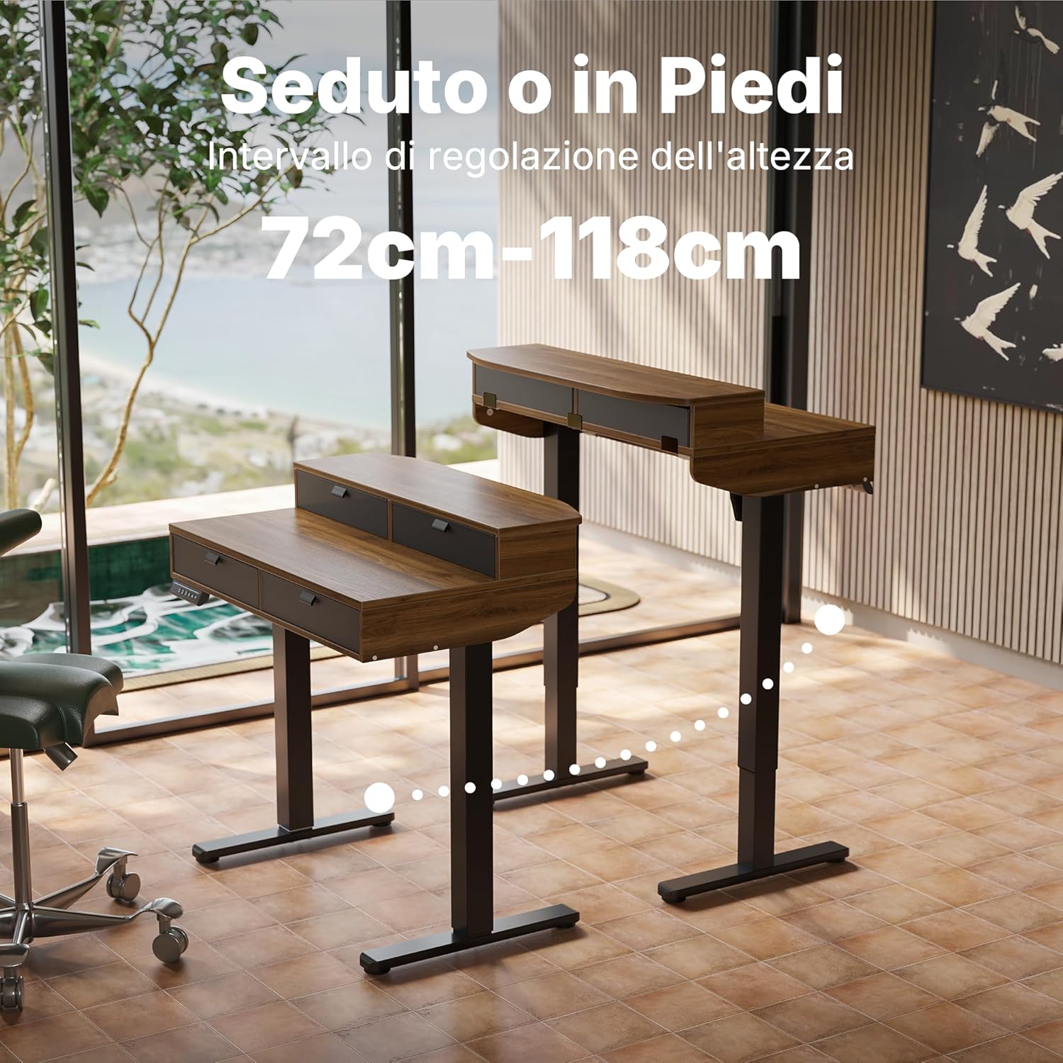HUANUO 80 x 53 cm Piccola Scrivania con Cassetti, Compatibile Supporto a Morsetto a C, Scrivania Regolabile in Altezza, Scrivania Stand Up Ufficio Domestico 4 Altezza