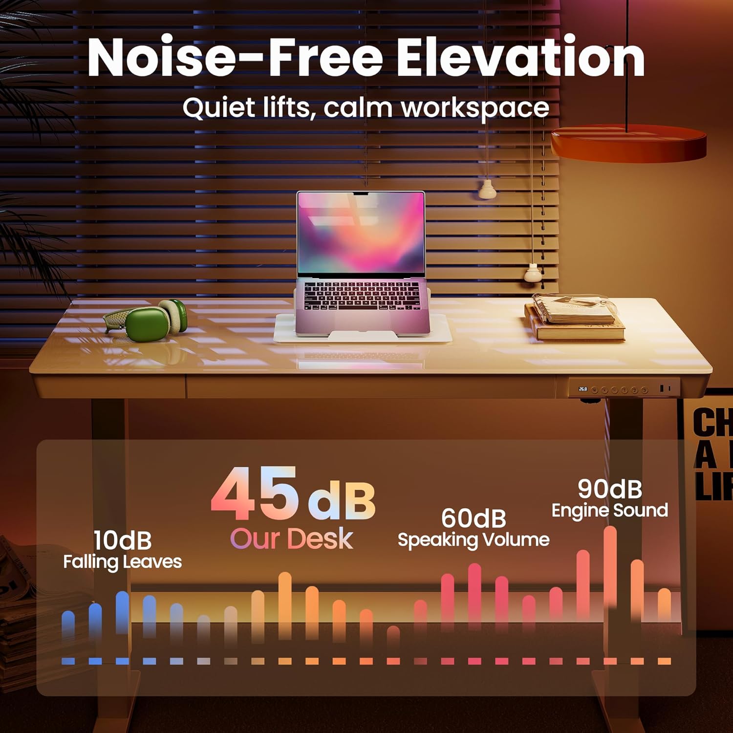 HUANUO Glass Standing Desk with Drawers, 35 x 20 Inch Electric Adjustable Height Desk, Quick Install One-Piece Tabletop with USB Charging Ports, White