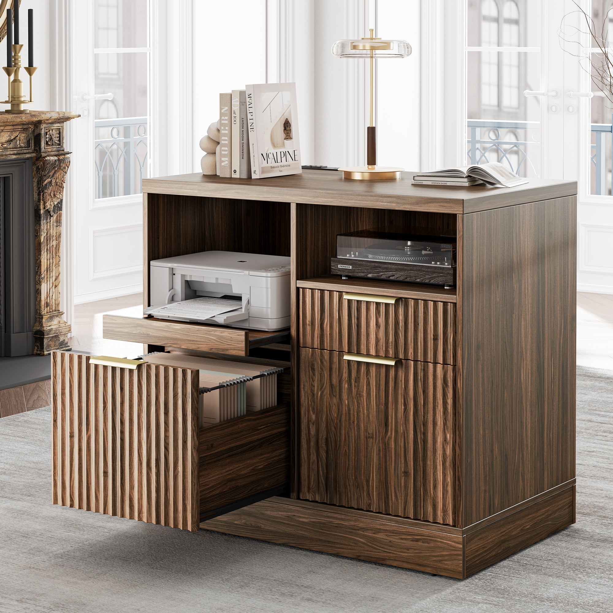 Charging Printer Storage Cabinet - Fluted - Dark Walnut