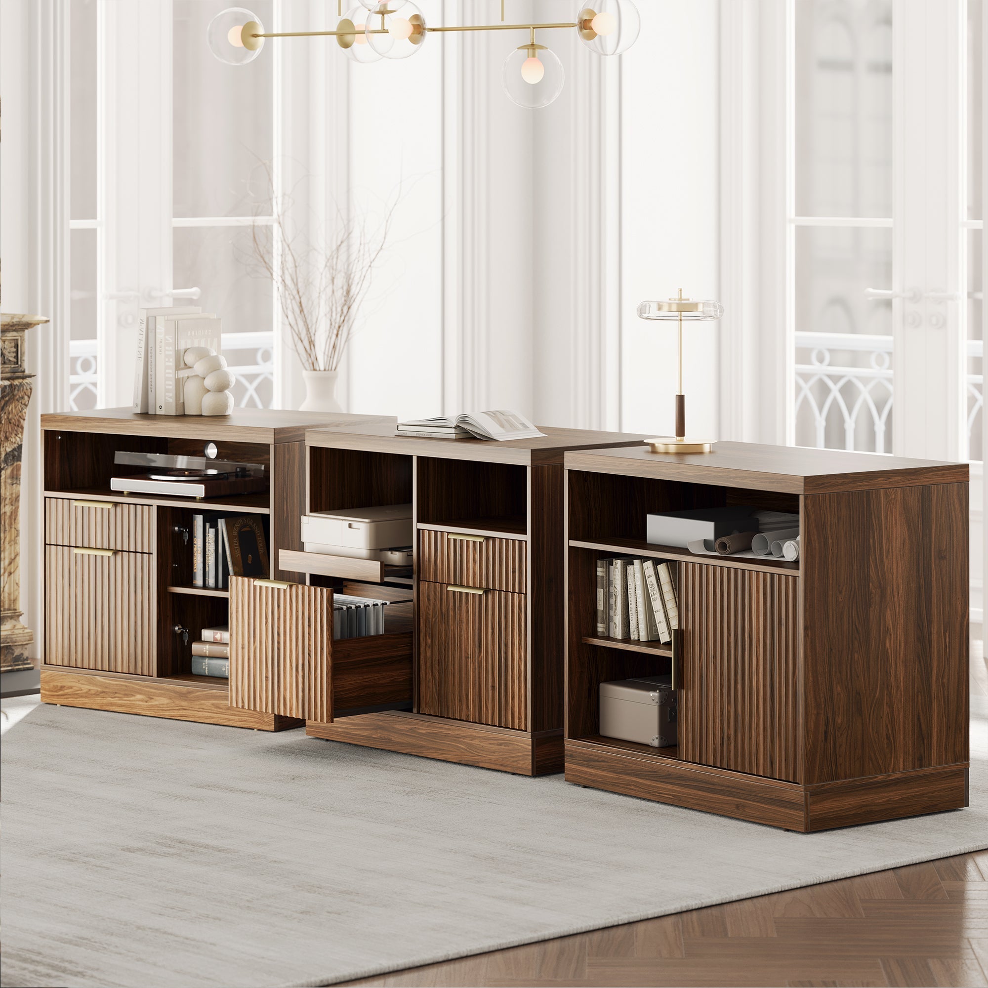 Charging Printer Storage Cabinet - Fluted - Natural Oak