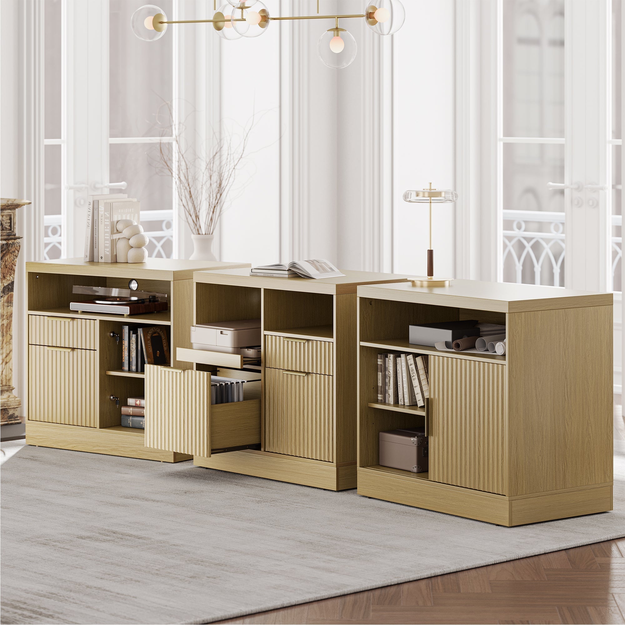 Charging Printer Storage Cabinet - Fluted - Natural Oak