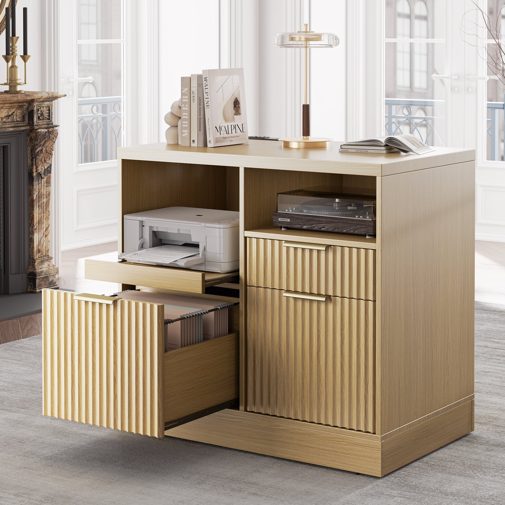 Charging Printer Storage Cabinet - Fluted - Natural Oak