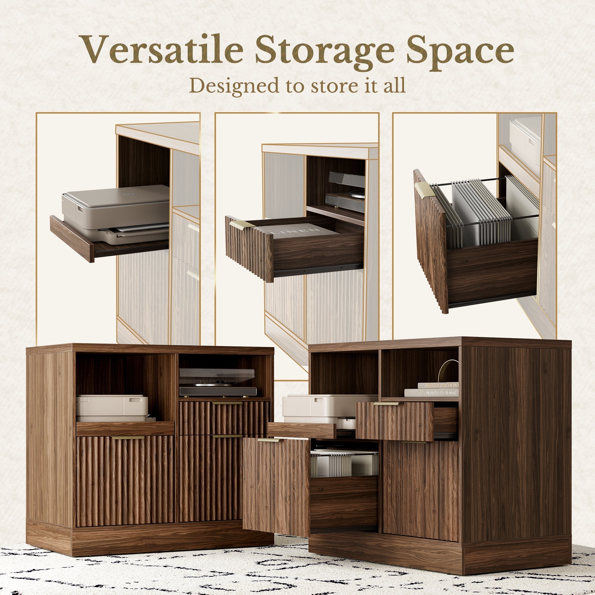 Charging Printer Storage Cabinet - Fluted - Natural Oak