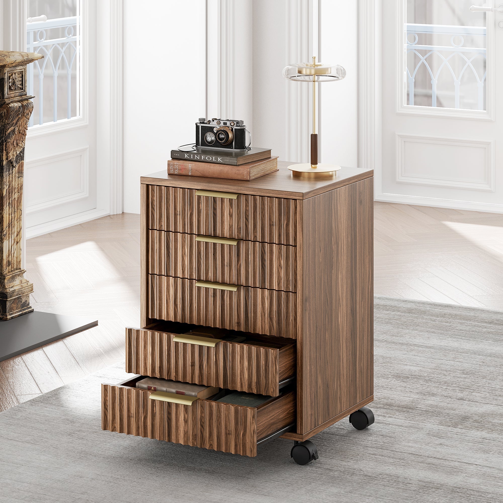 Fluted 5 - Drawer Mobile Cabinet - Fluted - Dark Walnut