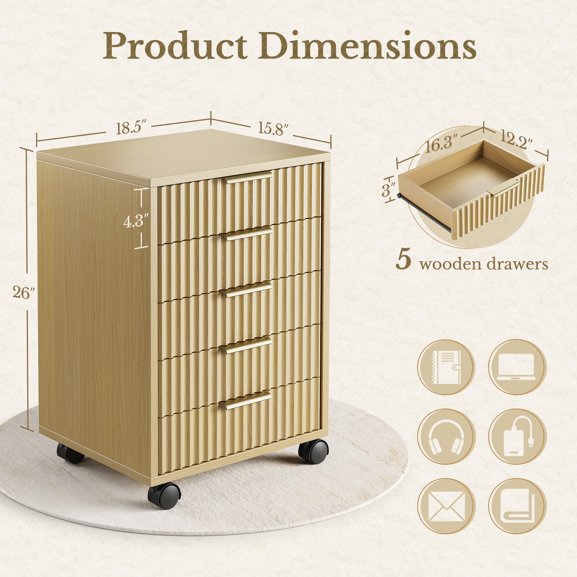 Fluted 5 - Drawer Mobile Cabinet - Fluted - Natural Oak