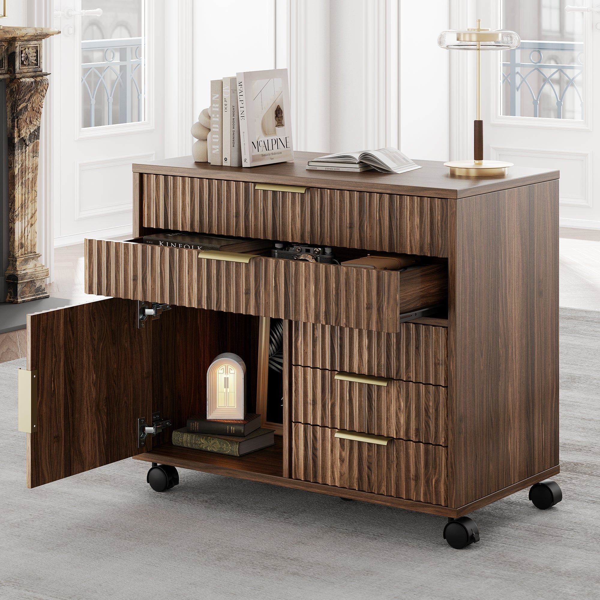 Fluted Mobile Office Cabinet - Fluted - Dark Walnut