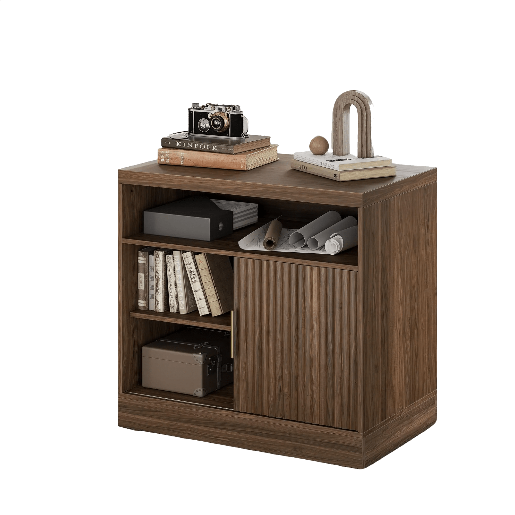 Sliding Door Lateral Filing Cabinet with Adjustable Shelving - Fluted - Dark Walnut
