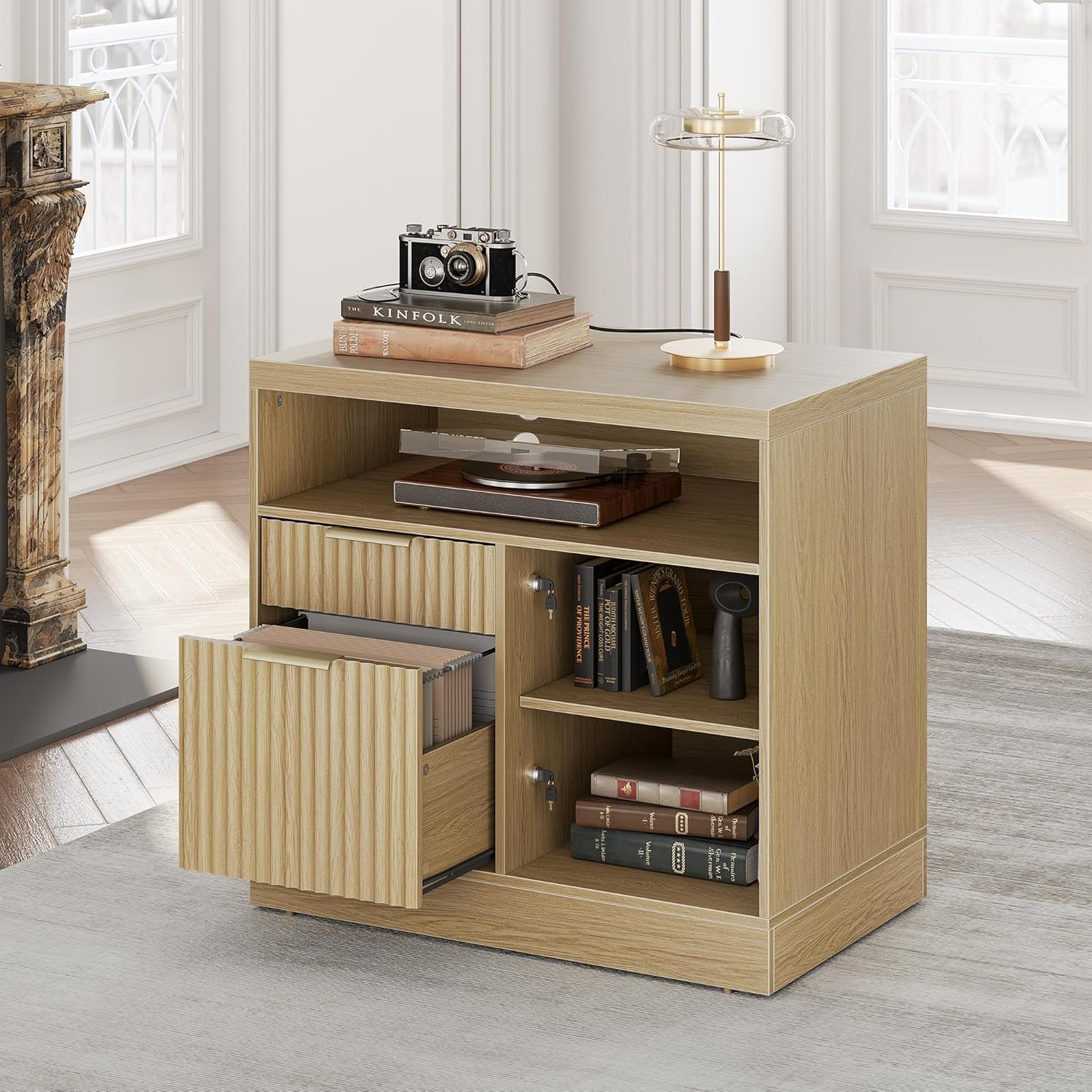 2 Drawers Wood File Cabinet with Lock - Fluted - Dark Walnut