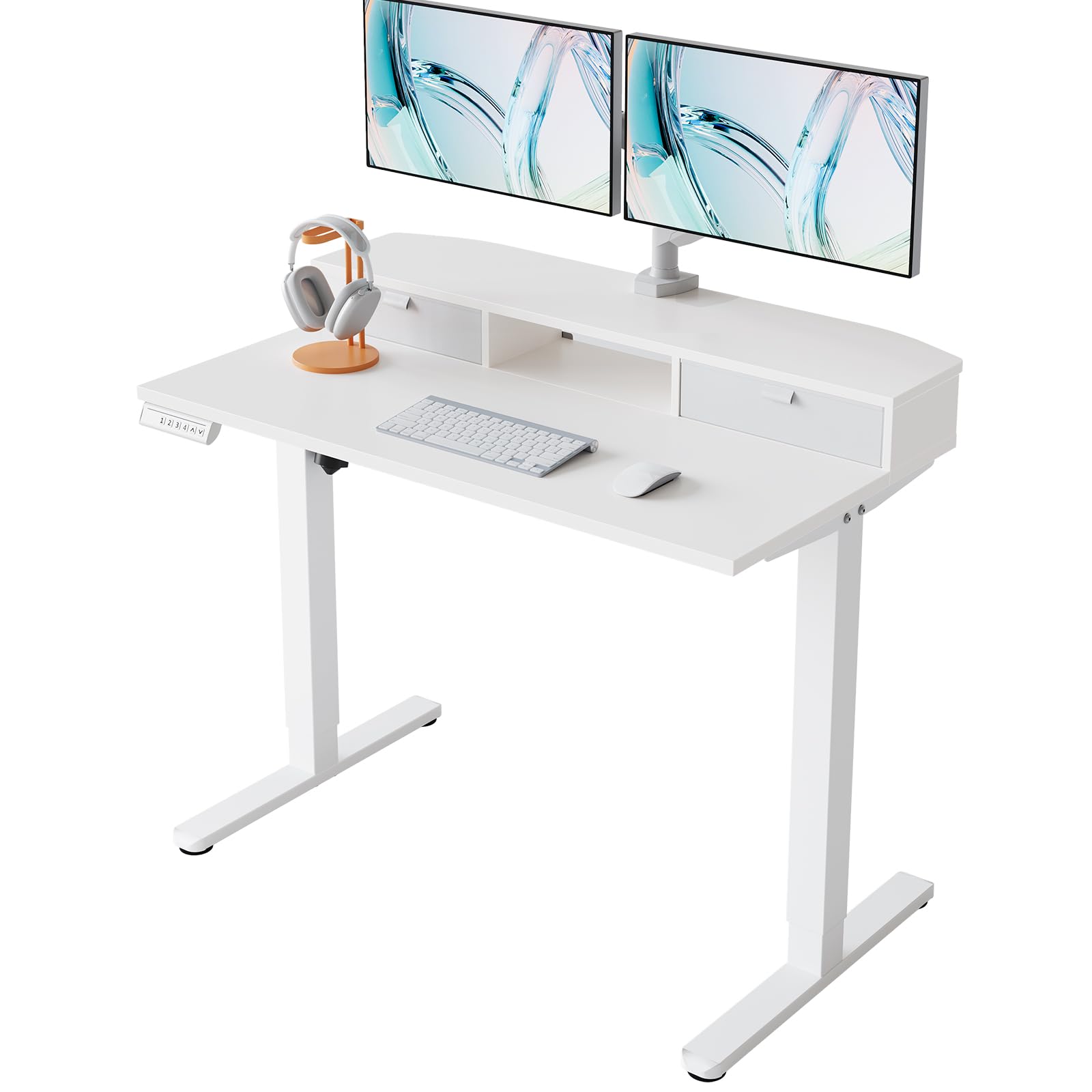 HUANUO Höhenverstellbarer Schreibtisch 120x60 cm mit Schubladen, kompatible C-Klemme-Halterung, Schreibtisch Höhenverstellbar mit 4 Gedächtnis-Höheneintellungen