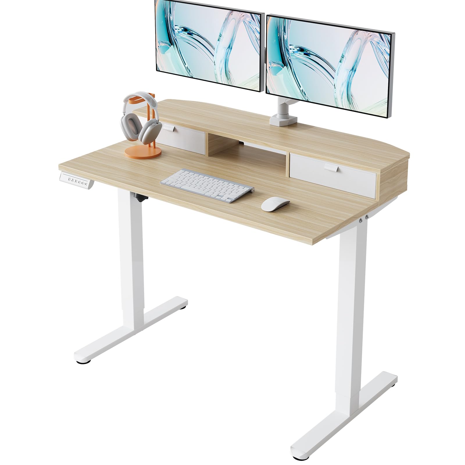 HUANUO 48 x 24 inch Small Electric Standing Desk with 2 Drawers, C-Clamp Mount Compatible, Height Adjustable Sit Stand Desk, Home Office Stand Up Desk with 4 Memory Height Settings, Light Walnut