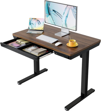 HUANUO 100 x 60 cm Höhenverstellbarer Schreibtisch mit Schublade, Höhenverstellbarer Schreibtisch Ganze Tischplatte, USB-Aufladeanschluss und 3 Memory-Funktion, Walnussholz