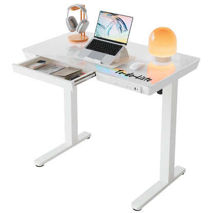 HUANUO 100 x 60 cm Höhenverstellbarer Schreibtisch mit Schublade, Höhenverstellbarer Schreibtisch Ganze Tischplatte, USB-Aufladeanschluss und 3 Memory-Funktion, Walnussholz