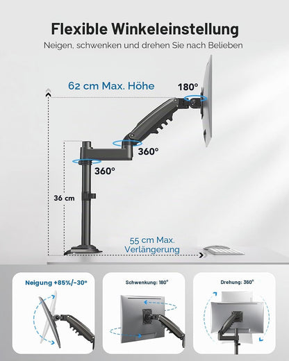 HUANUO Ergonomischer Monitor Halterung 30% höher, Monitor Arm für 13-34 Zoll (2-9 kg) Monitorhalterung höhenverstellbar, schwenkbar, neigbar, 360° drehbar, für Office & Gaming, VESA 75 & 100 mm