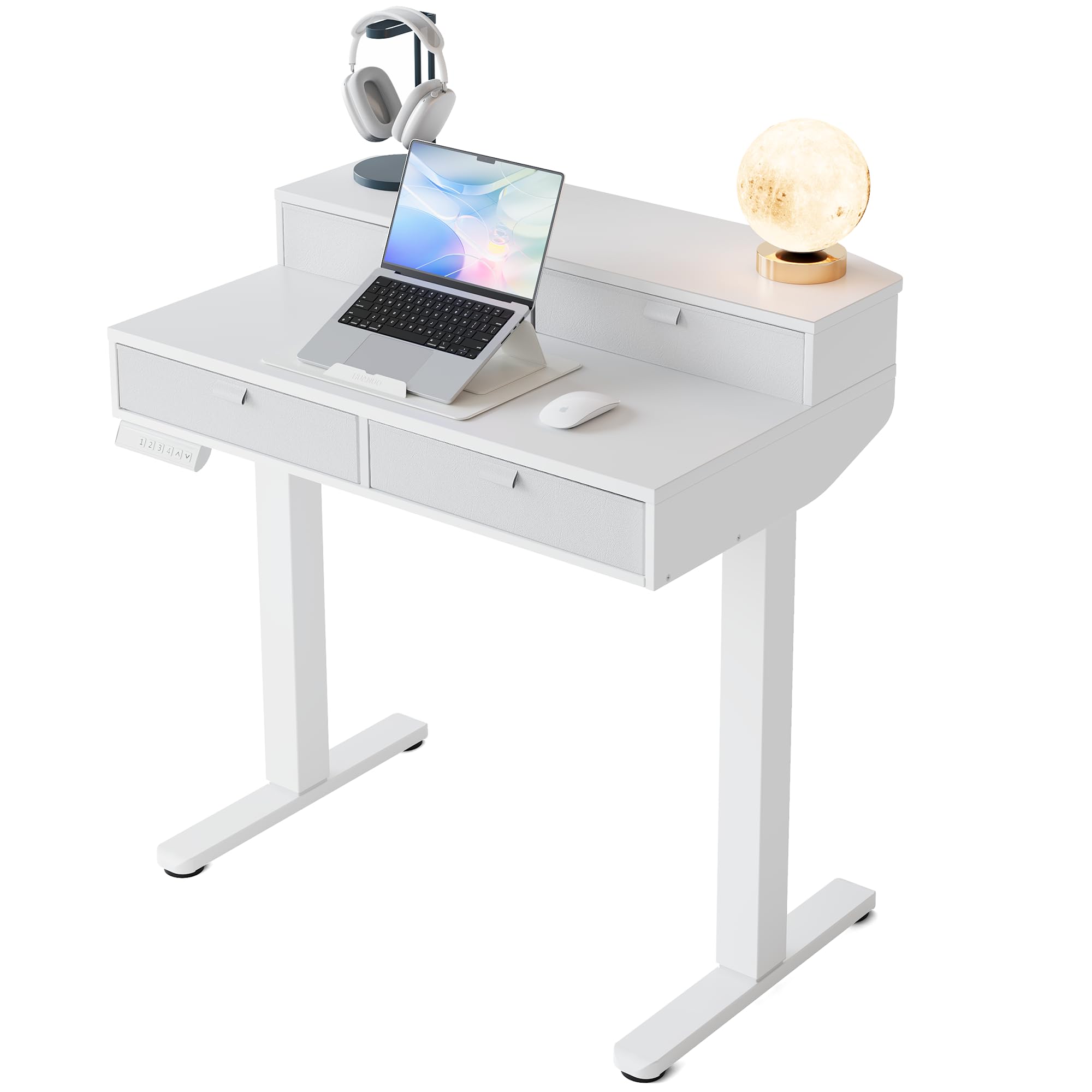 HUANUO 32 x 20 inch Electric Standing Desk with 4 Drawers, Adjustable Height Sit Stand Home Office Desk C-Clamp Mount Compatible, Ergonomic Stand up Desk with 4 Preset Heights, Natural