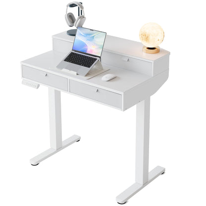 HUANUO 32 x 20 inch Electric Standing Desk with 4 Drawers, Adjustable Height Sit Stand Home Office Desk C-Clamp Mount Compatible, Ergonomic Stand up Desk with 4 Preset Heights, Natural