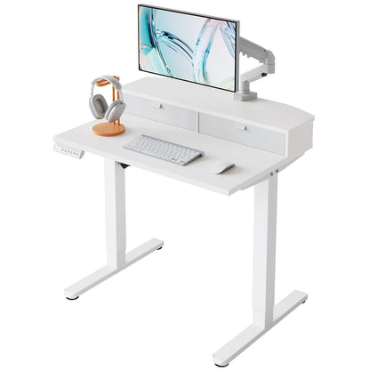 HUANUO 48 x 24 inch Small Electric Standing Desk with 2 Drawers, C-Clamp Mount Compatible, Height Adjustable Sit Stand Desk, Home Office Stand Up Desk with 4 Memory Height Settings, Light Walnut