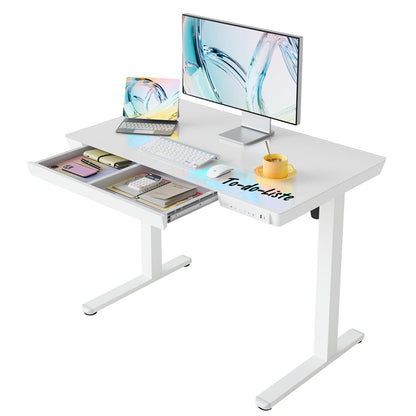 HUANUO 100 x 60 cm Höhenverstellbarer Schreibtisch mit Schublade, Höhenverstellbarer Schreibtisch Ganze Tischplatte, USB-Aufladeanschluss und 3 Memory-Funktion, Walnussholz