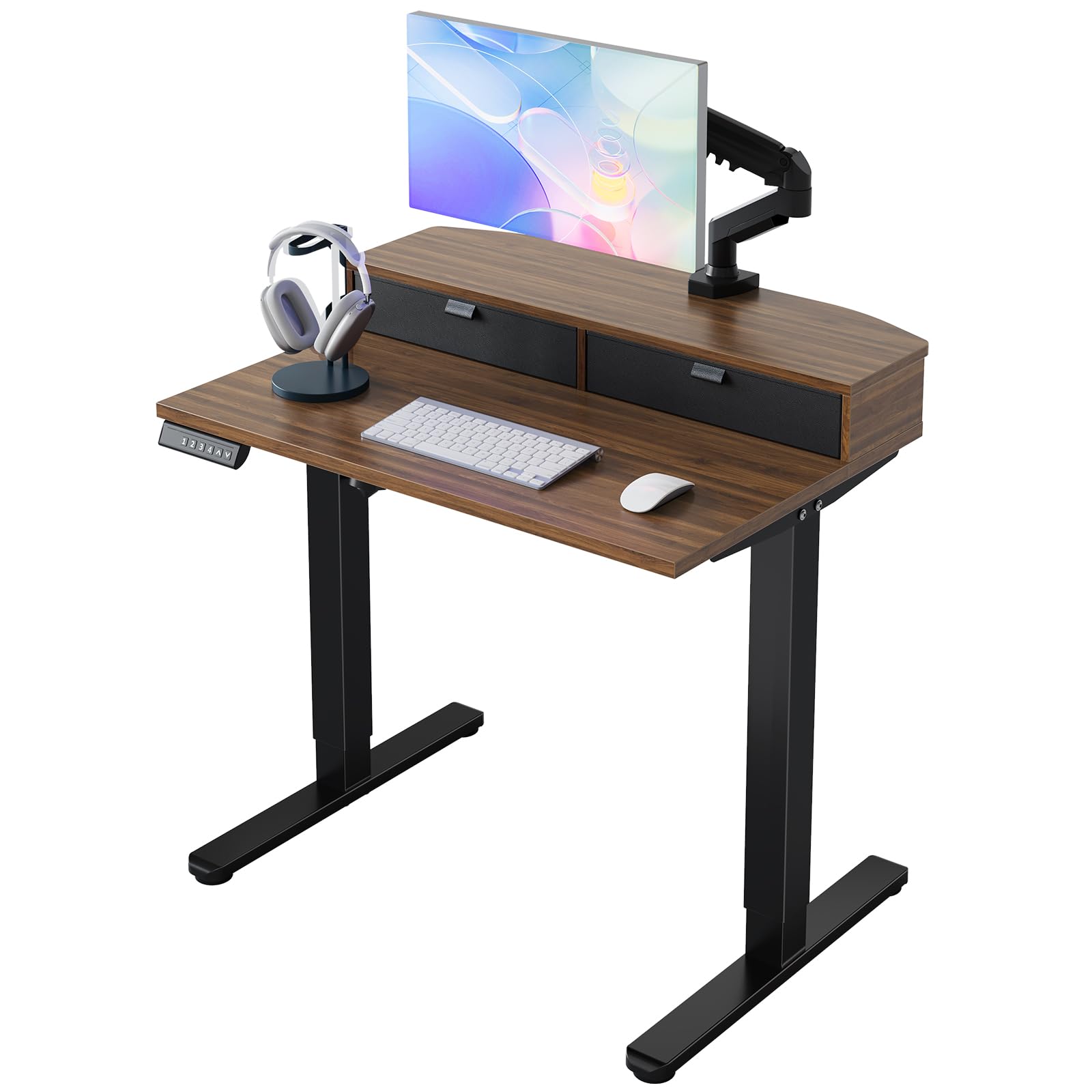 HUANUO 48 x 24 inch Small Electric Standing Desk with 2 Drawers, C-Clamp Mount Compatible, Height Adjustable Sit Stand Desk, Home Office Stand Up Desk with 4 Memory Height Settings, Light Walnut