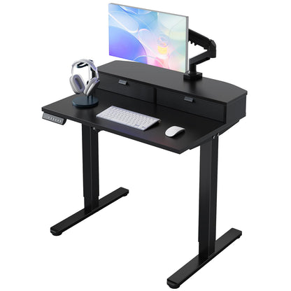HUANUO 48 x 24 inch Small Electric Standing Desk with 2 Drawers, C-Clamp Mount Compatible, Height Adjustable Sit Stand Desk, Home Office Stand Up Desk with 4 Memory Height Settings, Light Walnut
