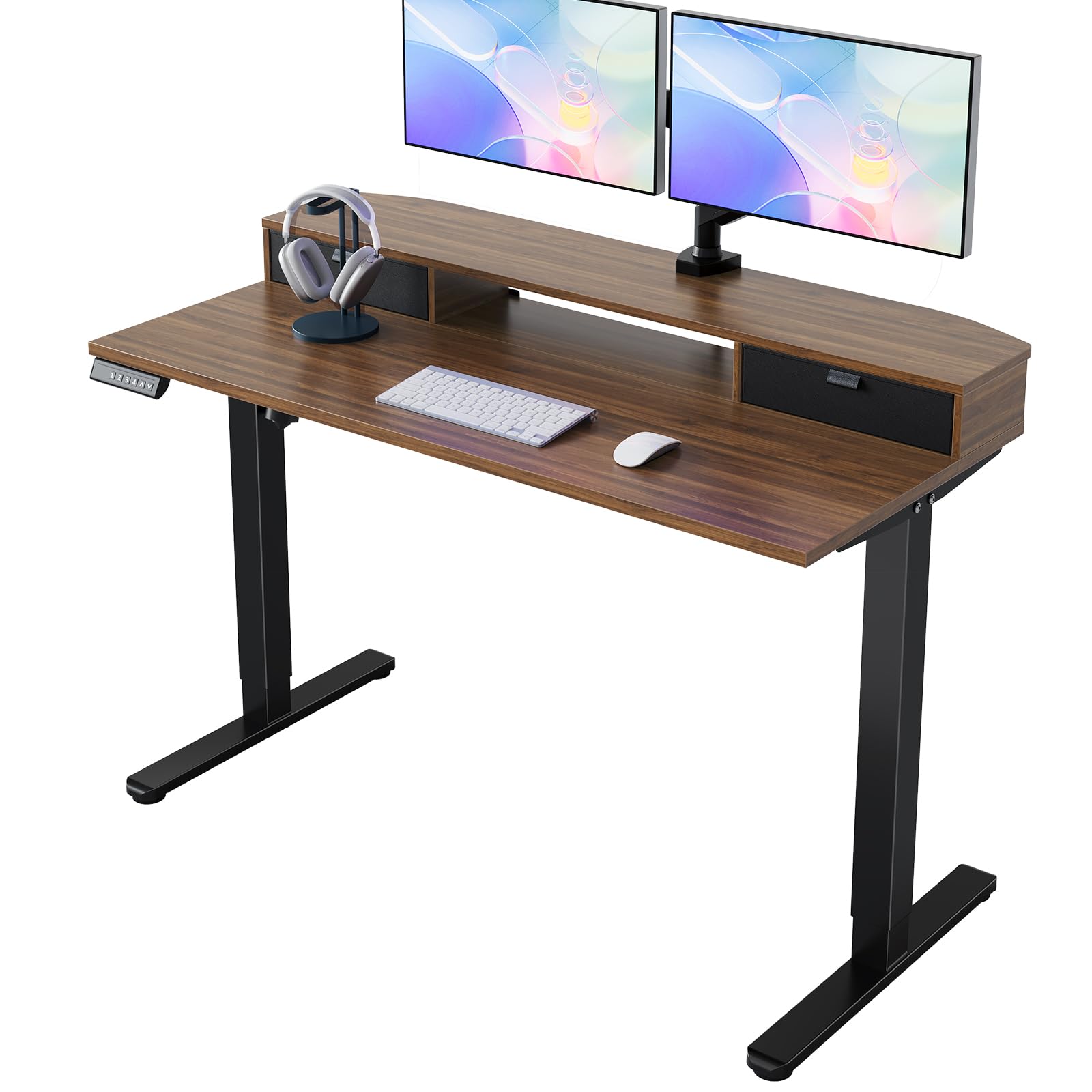 HUANUO 48 x 24 inch Small Electric Standing Desk with 2 Drawers, C-Clamp Mount Compatible, Height Adjustable Sit Stand Desk, Home Office Stand Up Desk with 4 Memory Height Settings, Light Walnut