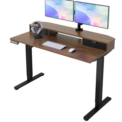 HUANUO 48 x 24 inch Small Electric Standing Desk with 2 Drawers, C-Clamp Mount Compatible, Height Adjustable Sit Stand Desk, Home Office Stand Up Desk with 4 Memory Height Settings, Light Walnut