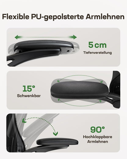 Marsail Bürostuhl Ergonomisch, Schreibtischstuhl mit 3D PU Armlehnen und Verstellbarer Lendenwirbelstütze, Drehstuhl Höhenverstellung und Wippfunktion, schreibtischstuhl aus Mesh, Bis 136kg,2pcs