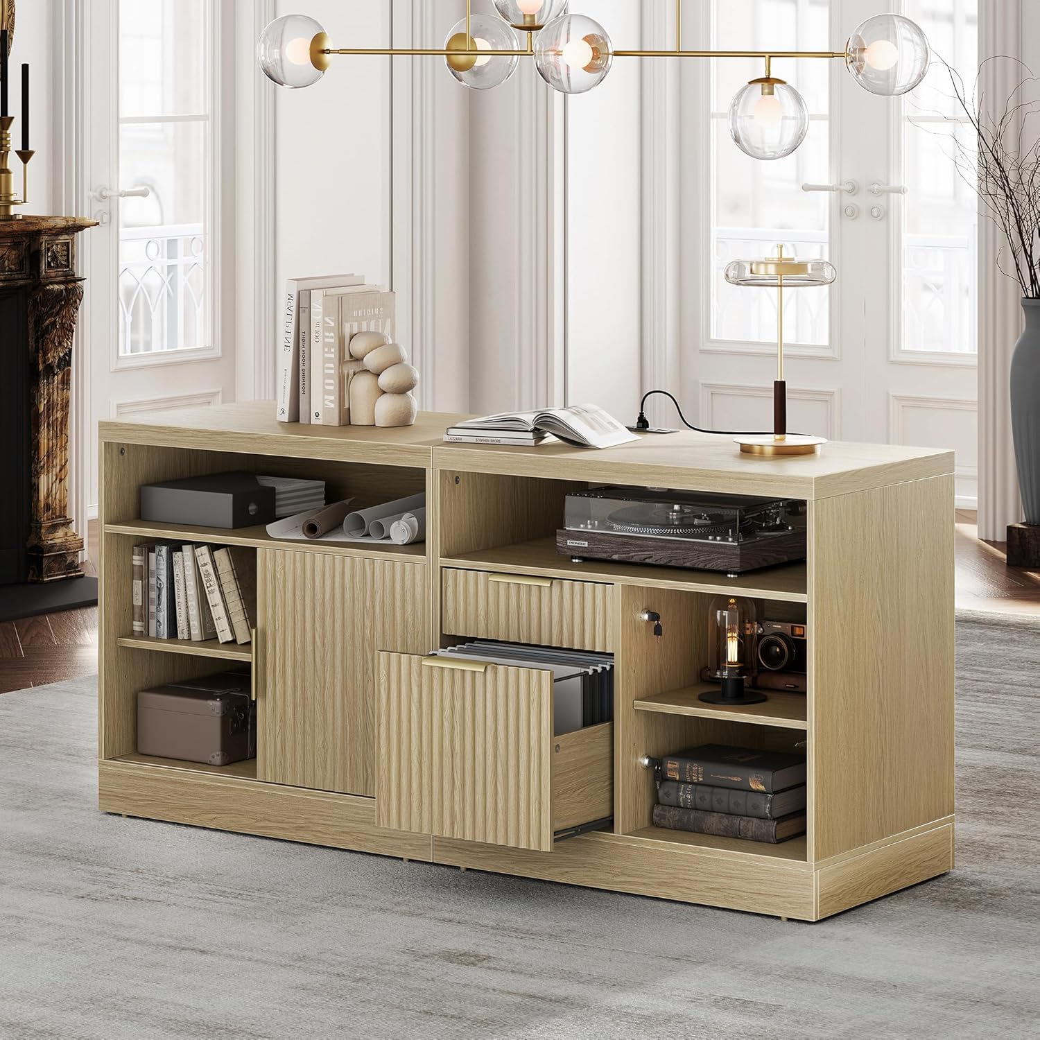 63" 2 Drawer File Cabinet with Lock & Wood Lateral File Cabinet - Fluted - Dark Walnut