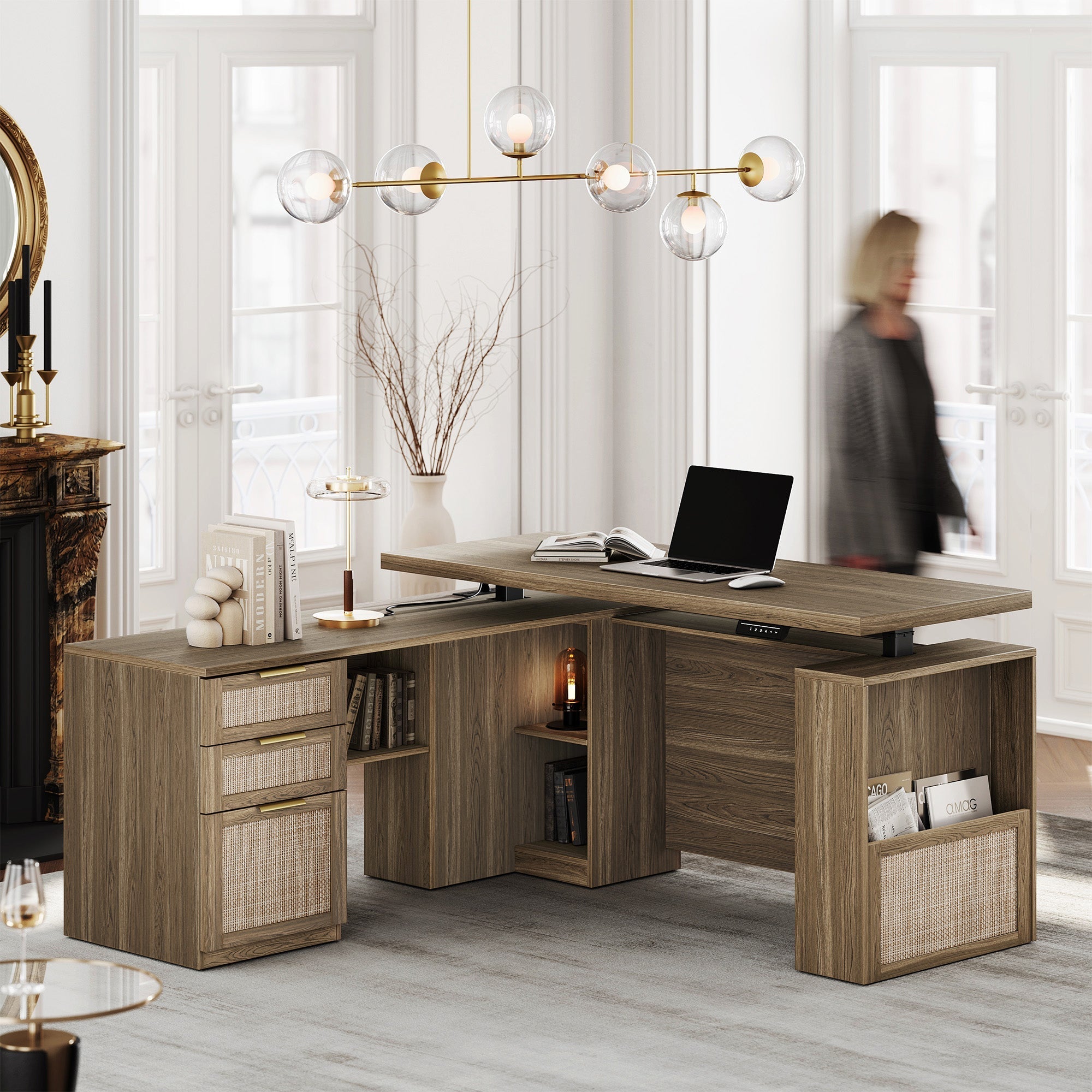 63" Premium Executive Standing Desk - Rattan - Light Walnut