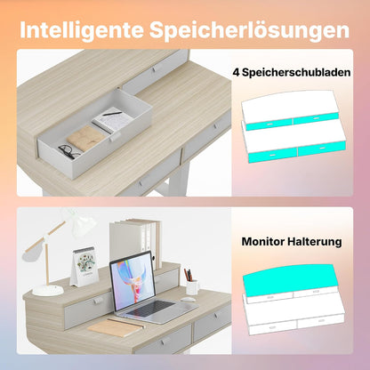 HUANUO 80 x 53 cm Höhenverstellbarer Schreibtisch mit Schubladen, kompatible C-Klemme-Halterung, Schreibtisch Höhenverstellbar mit 4 Gedächtnis-Höheneintellungen