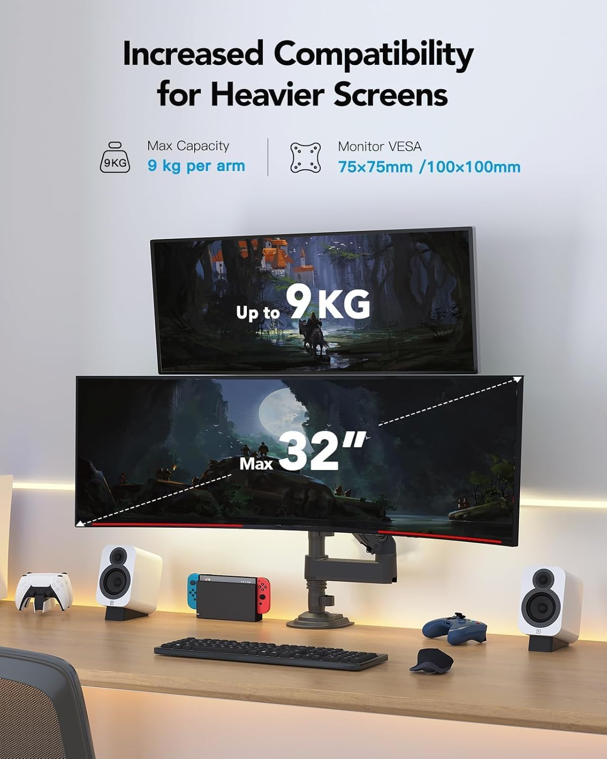 HUANUO Monitor Halterung 2 Monitore für 13-32 Zoll Bildschirm, Gaming Monitorhalterung 2 Monitore Höhenverstellbar mit 9KG Pro Arm, Bildschirmhalterung Neigbar Schwenkbar, VESA 75/100mm