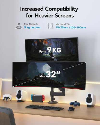 HUANUO Monitor Halterung 2 Monitore für 13-32 Zoll Bildschirm, Gaming Monitorhalterung 2 Monitore Höhenverstellbar mit 9KG Pro Arm, Bildschirmhalterung Neigbar Schwenkbar, VESA 75/100mm