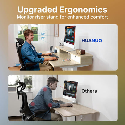 HUANUO 48 x 24 inch Small Electric Standing Desk with 2 Drawers, C-Clamp Mount Compatible, Height Adjustable Sit Stand Desk, Home Office Stand Up Desk with 4 Memory Height Settings, Light Walnut