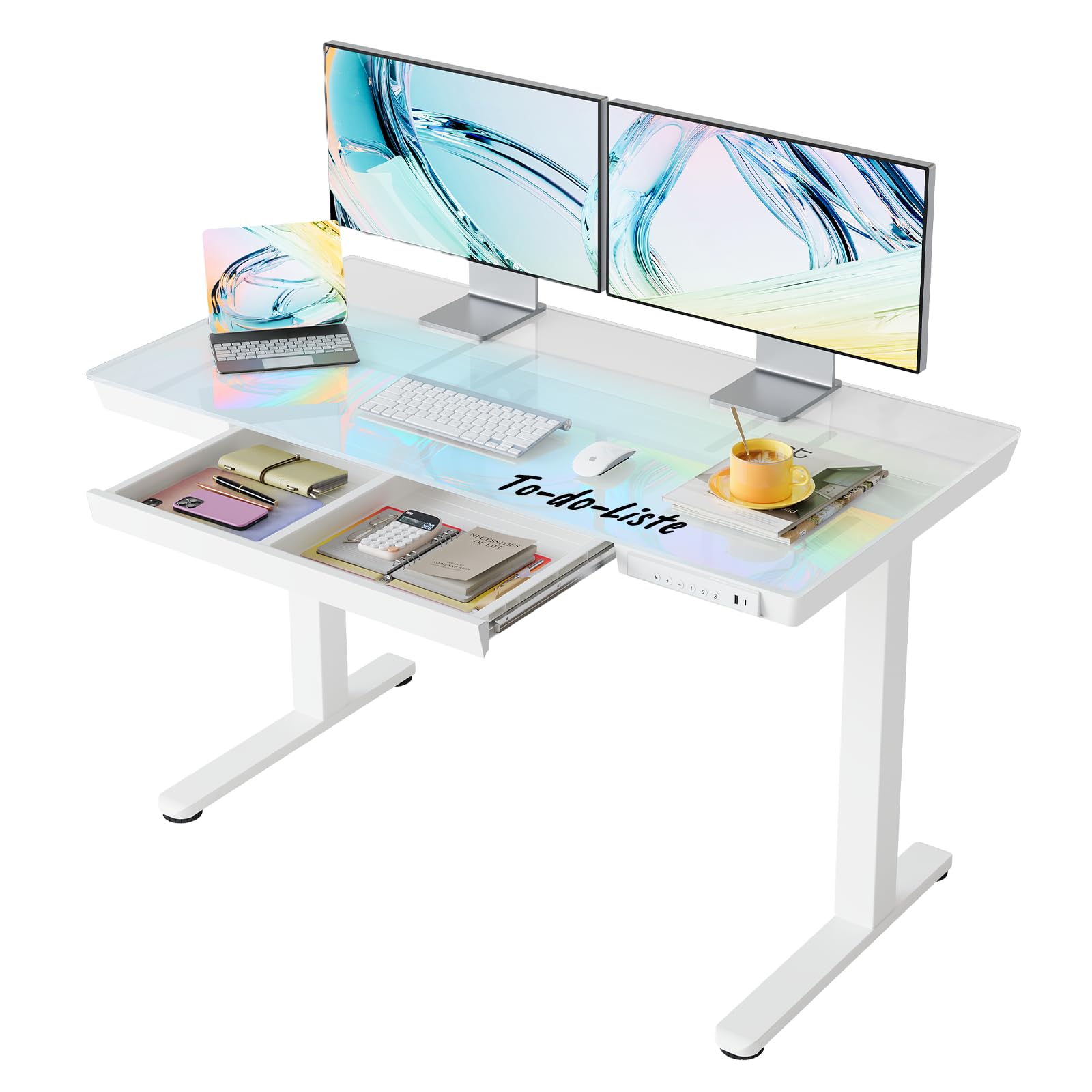 HUANUO 100 x 60 cm Höhenverstellbarer Schreibtisch mit Schublade, Höhenverstellbarer Schreibtisch Ganze Tischplatte, USB-Aufladeanschluss und 3 Memory-Funktion, Walnussholz