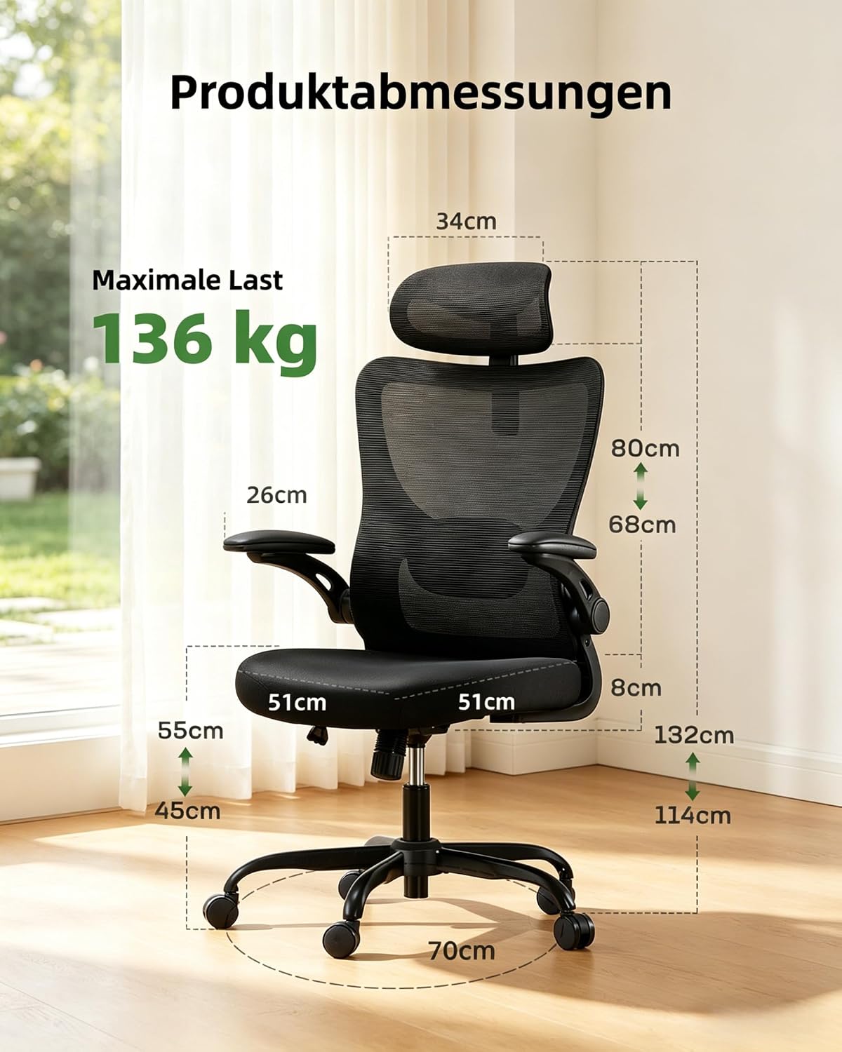 Sedia ergonomica con braccioli 3D HUANUO