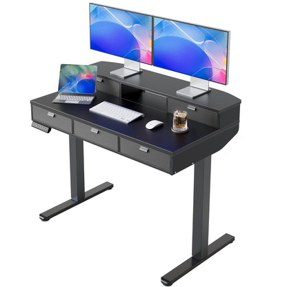 HUANUO 32 x 20 inch Electric Standing Desk with 4 Drawers, Adjustable Height Sit Stand Home Office Desk C-Clamp Mount Compatible, Ergonomic Stand up Desk with 4 Preset Heights, Natural