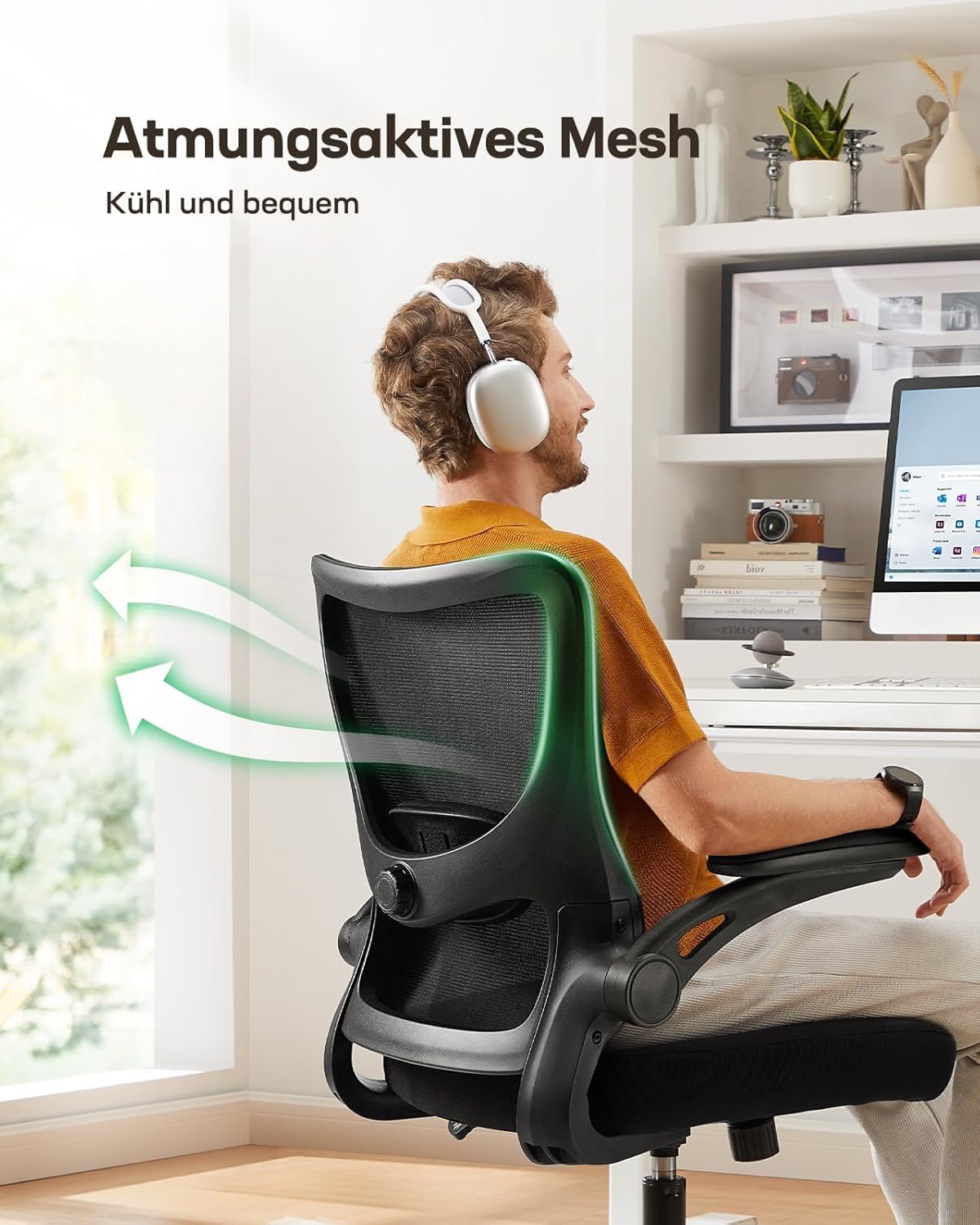 Marsail Bürostuhl Ergonomisch, Schreibtischstuhl mit 3D PU Armlehnen und Verstellbarer Lendenwirbelstütze, Drehstuhl Höhenverstellung und Wippfunktion, schreibtischstuhl aus Mesh, Bis 136kg,2pcs