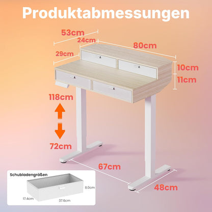 HUANUO 80 x 53 cm Höhenverstellbarer Schreibtisch mit Schubladen, kompatible C-Klemme-Halterung, Schreibtisch Höhenverstellbar mit 4 Gedächtnis-Höheneintellungen