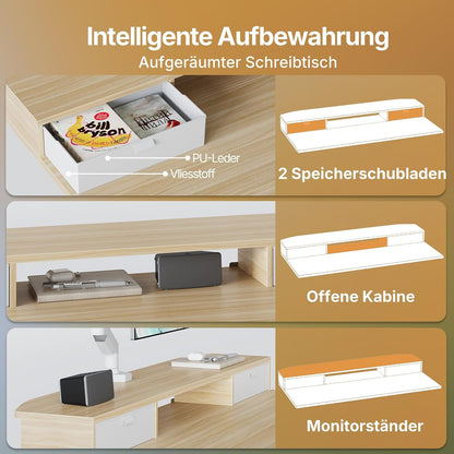 HUANUO Höhenverstellbarer Schreibtisch 120x60 cm mit Schubladen, kompatible C-Klemme-Halterung, Schreibtisch Höhenverstellbar mit 4 Gedächtnis-Höheneintellungen