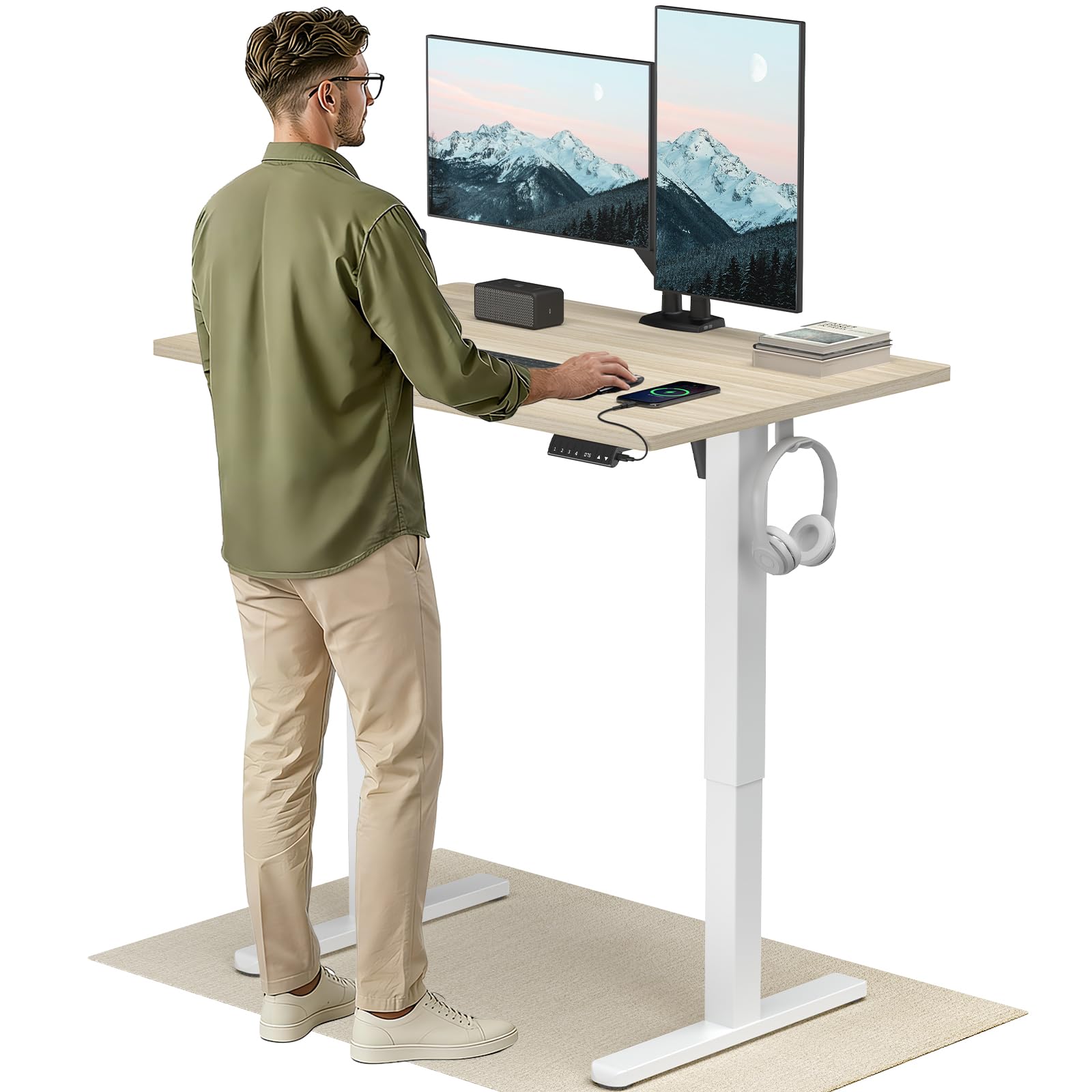HUANUO Höhenverstellbarer Schreibtisch 120x80cm mit USB-C- & USB-A-Ladeanschluss, Höhenverstellbar von 72-118cm,4 Gedächtnis-Voreinstellungen, Kabelmanagement & Haken